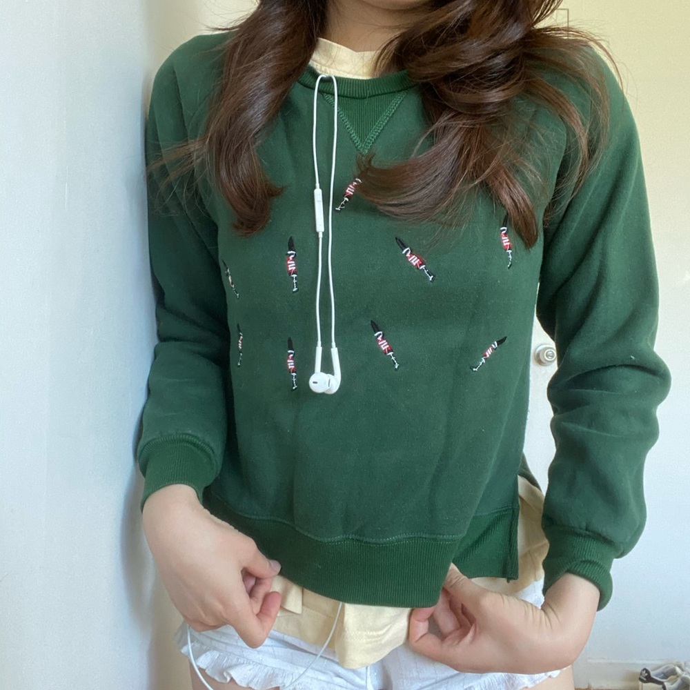 Dark Green Crewneck Sweatshirt with Embroidery